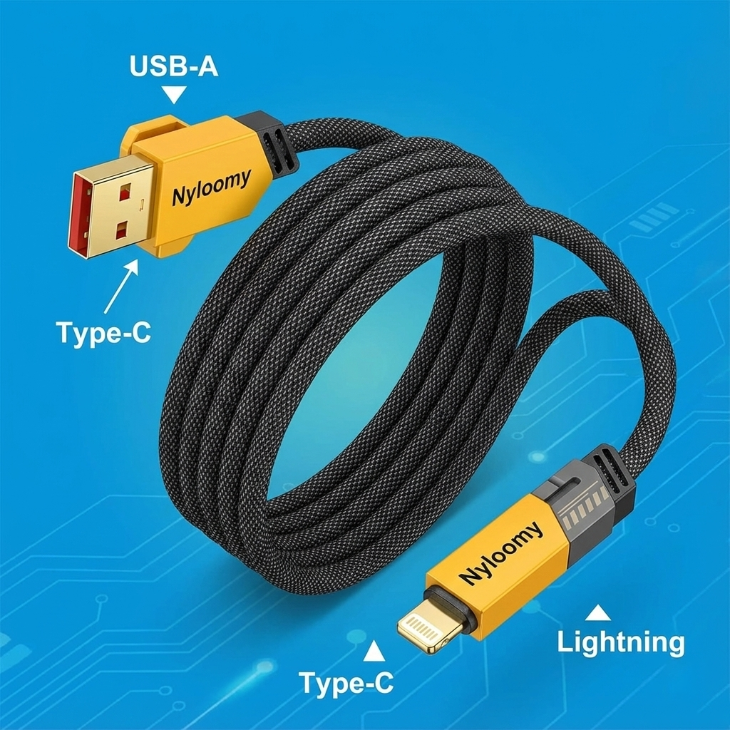 Nyloomy 4-in-1 65W PD Fast Charging Cable | Nylon Braided Multi USB Cord (Type C to Type C / Lightning / USB A) for iPhone 15/14/13, Samsung S24, MacBook, iPad & Laptops - (Yellow/Black)